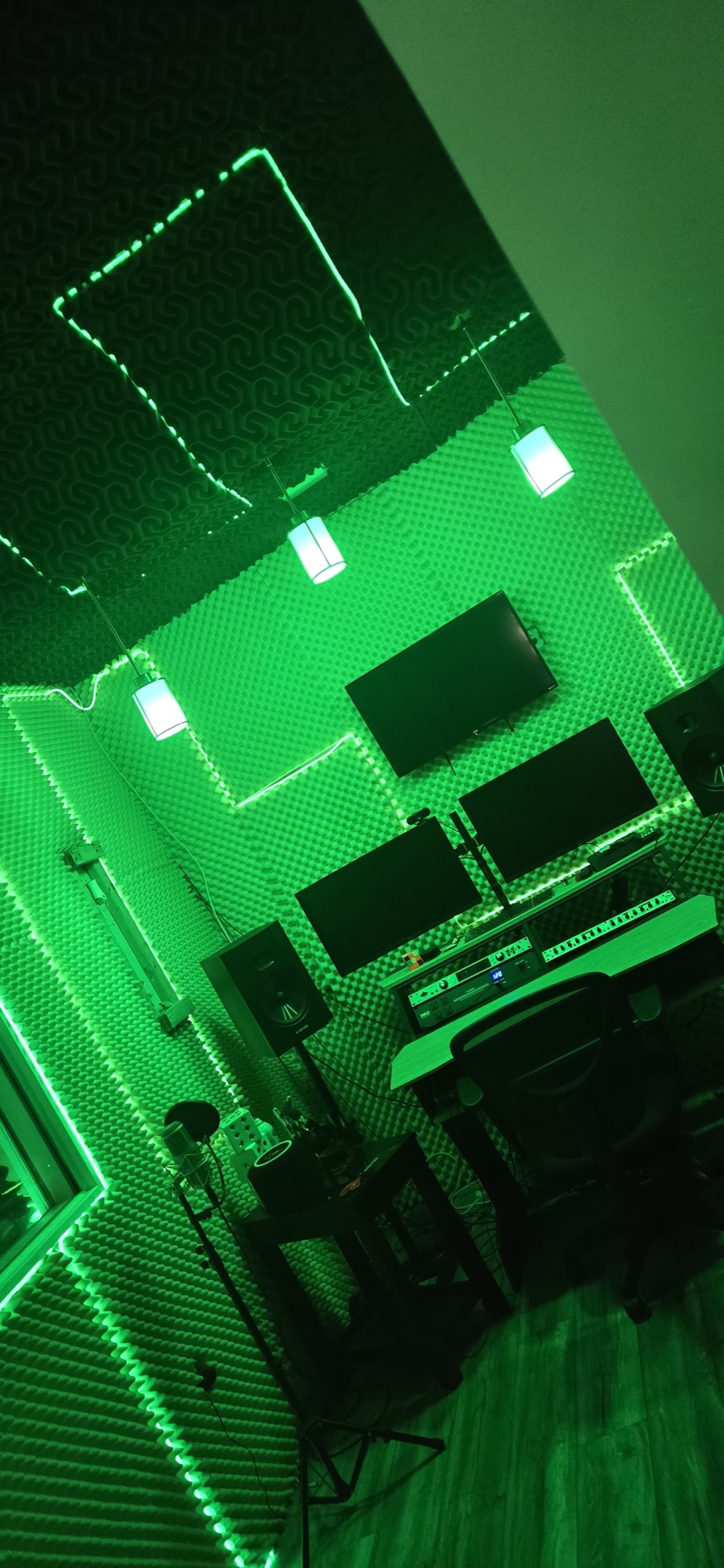 Green-lit C Room control setup at Peace King Studios