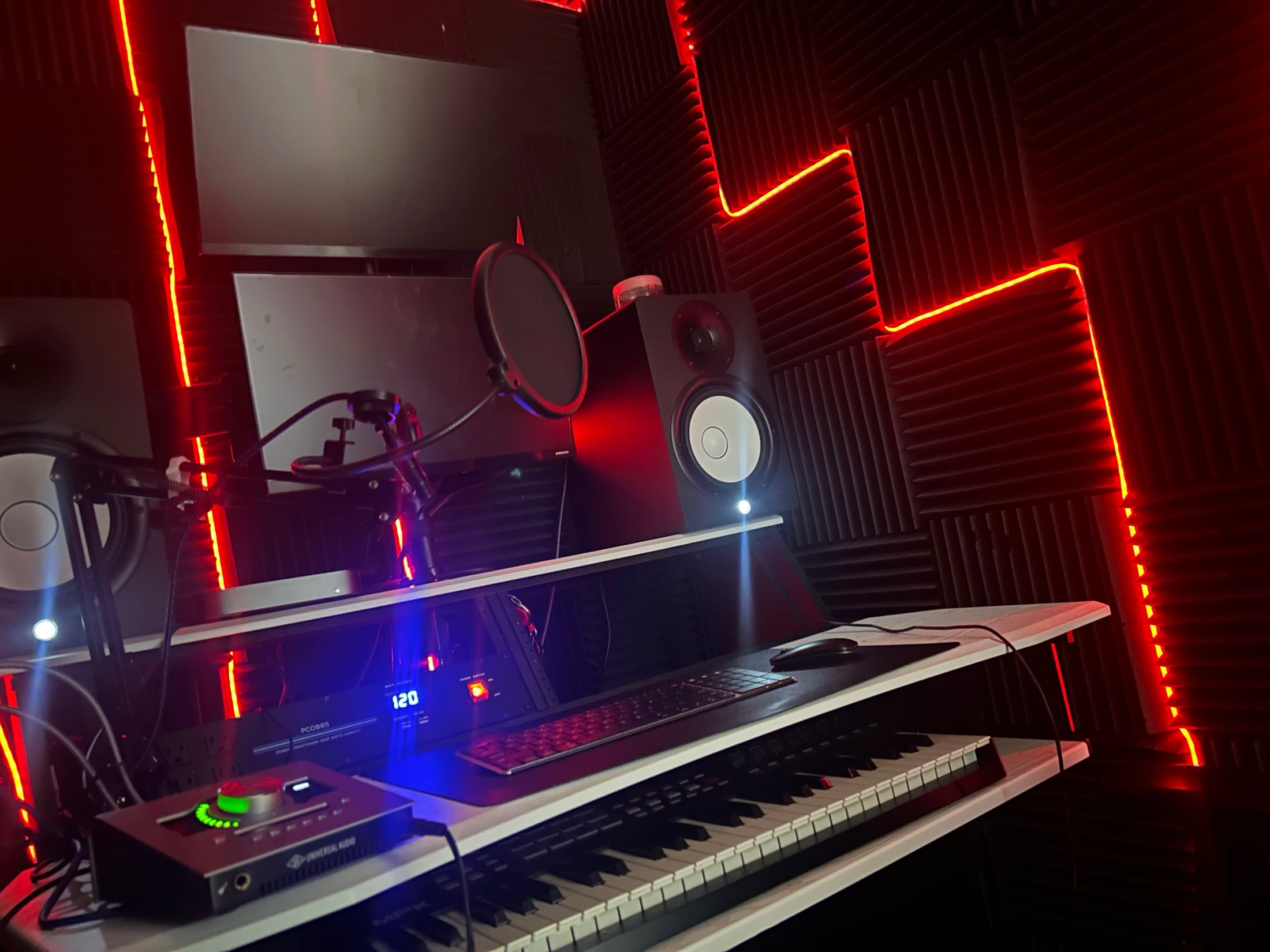 C Room keyboard and workstation with red lighting