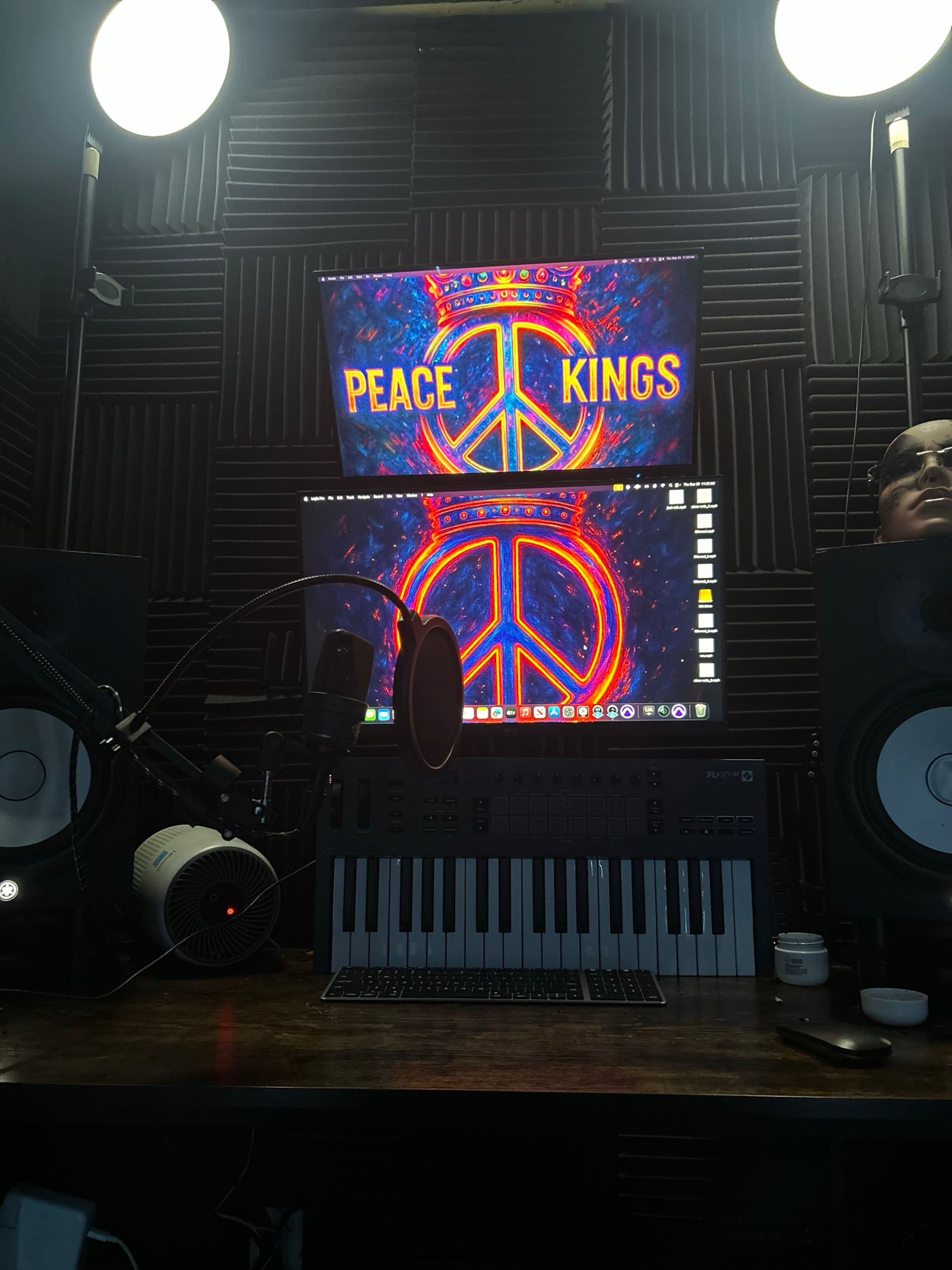 Peace Kings studio desk and wall logo
